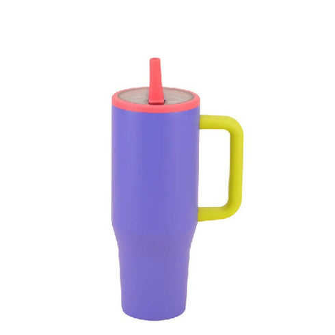 Double Wall Stainless Steel Mug with Handle and Straw-Purple